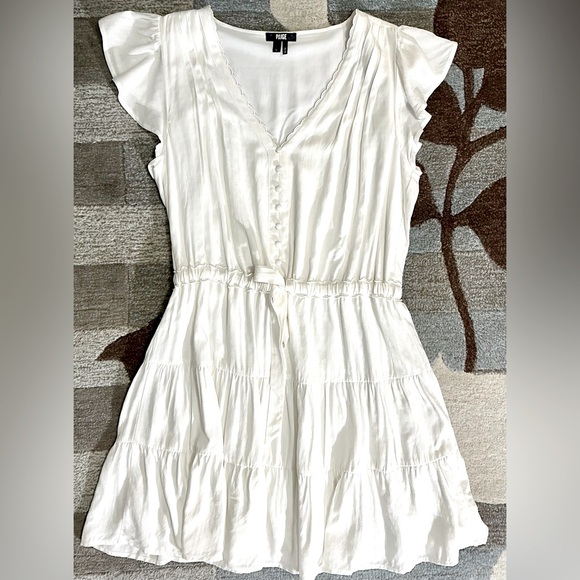 Paige Rosalee Drawstring Mini Dress w Flutter Sleeves & Scalloped V-neck - Picture 3 of 11